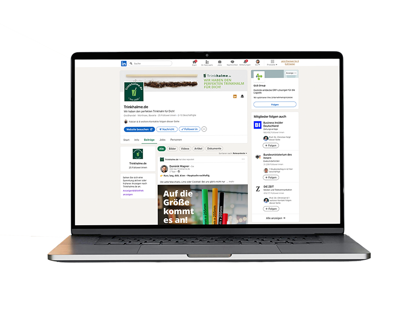 Laptop mit Trinkhalm.de LinkedIn Profil